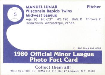 1980 TCMA Wisconsin Rapids Twins #5 Manuel Lunar Back