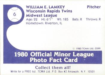 1980 TCMA Wisconsin Rapids Twins #6 William Lamkey Back