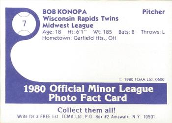 1980 TCMA Wisconsin Rapids Twins #7 Bob Konopa Back