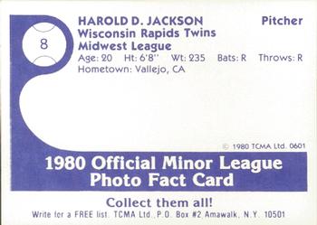 1980 TCMA Wisconsin Rapids Twins #8 Hal Jackson Back