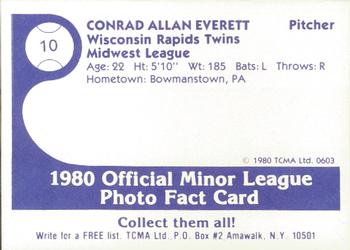 1980 TCMA Wisconsin Rapids Twins #10 Conrad Everett Back