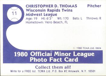 1980 TCMA Wisconsin Rapids Twins #11 Chris D. Thomas Back