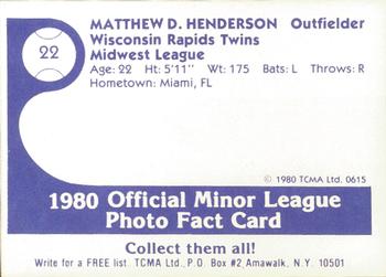 1980 TCMA Wisconsin Rapids Twins #22 Matt Henderson Back