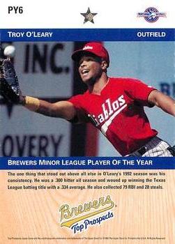 1992 Upper Deck Minor League - Player of the Year #PY6 Troy O'Leary Back