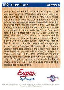 1992 Upper Deck Minor League - Top Prospect Holograms #TP2 Cliff Floyd Back