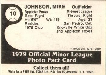 1979 TCMA Appleton Foxes #10 Mike Johnson Back