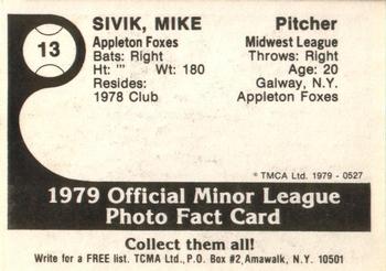 1979 TCMA Appleton Foxes #13 Mike Sivik Back