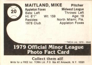 1979 TCMA Appleton Foxes #20 Mike Maitland Back