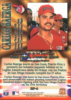 1996 Pacific Crown Collection - Hometown of the Players #HP-4 Carlos Baerga Back