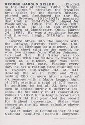 1950-56 Callahan Hall of Fame #NNO George Sisler Back