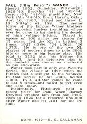 1950-56 Callahan Hall of Fame #NNO Paul Waner Back