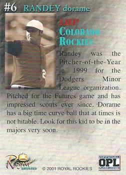 2001 Royal Rookies Throwbacks - Autographs #6 Randey Dorame Back
