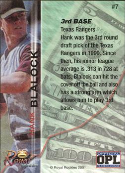 2001 Royal Rookies Futures - Limited Edition #7 Hank Blalock Back