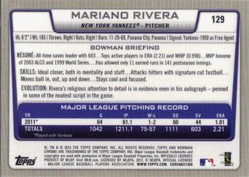 2012 Bowman Chrome #129 Mariano Rivera Back