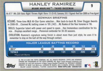 2012 Bowman Chrome #9 Hanley Ramirez Back