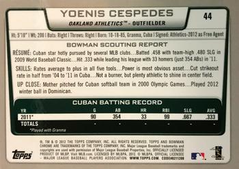 2012 Bowman Chrome #44 Yoenis Cespedes Back