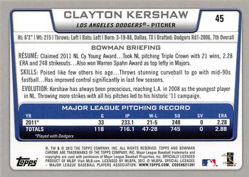 2012 Bowman Chrome #45 Clayton Kershaw Back