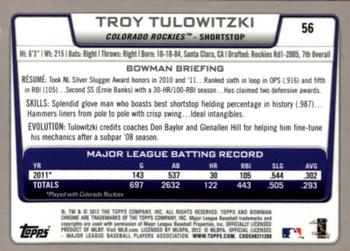 2012 Bowman Chrome #56 Troy Tulowitzki Back