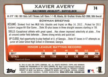 2012 Bowman Chrome #74 Xavier Avery Back