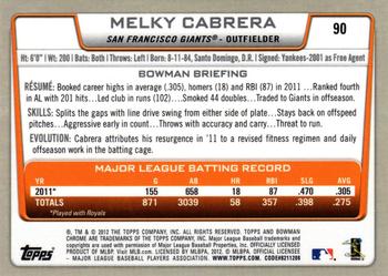 2012 Bowman Chrome #90 Melky Cabrera Back