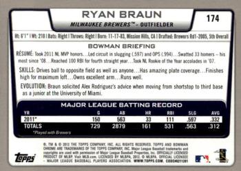 2012 Bowman Chrome #174 Ryan Braun Back