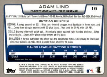 2012 Bowman Chrome #179 Adam Lind Back