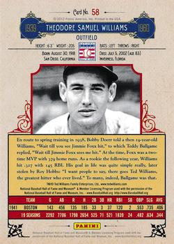 2012 Panini Cooperstown #58 Ted Williams Back