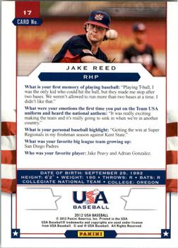 2012 Panini USA Baseball #17 Jake Reed Back