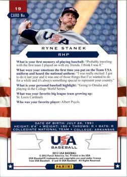 2012 Panini USA Baseball #19 Ryne Stanek Back