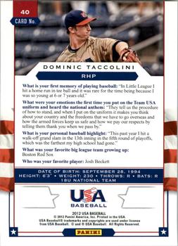 2012 Panini USA Baseball #40 Dominic Taccolini Back