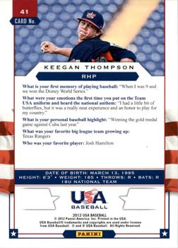 2012 Panini USA Baseball #41 Keegan Thompson Back