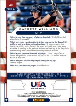 2012 Panini USA Baseball #42 Garrett Williams Back