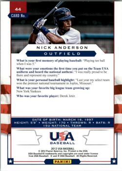 2012 Panini USA Baseball #44 Nick Anderson Back
