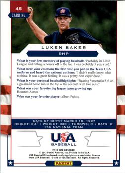 2012 Panini USA Baseball #45 Luken Baker Back