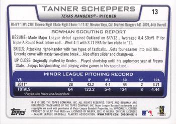 2012 Bowman Draft Picks & Prospects #13 Tanner Scheppers Back