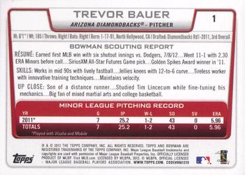 2012 Bowman Draft Picks & Prospects #1 Trevor Bauer Back