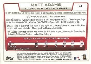 2012 Bowman Draft Picks & Prospects #23 Matt Adams Back