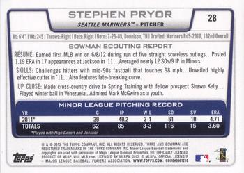 2012 Bowman Draft Picks & Prospects #28 Stephen Pryor Back