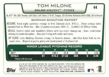 2012 Bowman Draft Picks & Prospects #44 Tom Milone Back