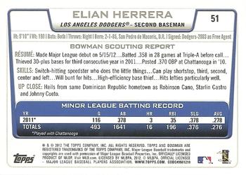 2012 Bowman Draft Picks & Prospects #51 Elian Herrera Back