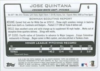 2012 Bowman Draft Picks & Prospects #6 Jose Quintana Back