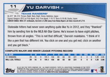 2013 Topps #11 Yu Darvish Back