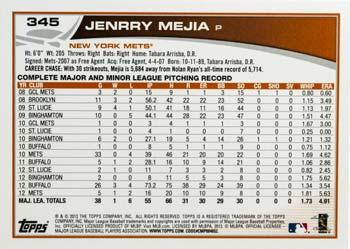 2013 Topps #345 Jenrry Mejia Back