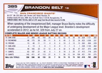 2013 Topps #385 Brandon Belt Back