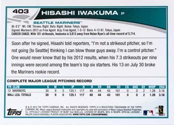 2013 Topps #403 Hisashi Iwakuma Back