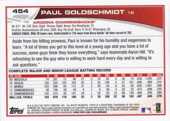 2013 Topps #454 Paul Goldschmidt Back