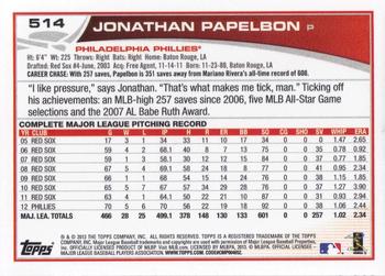 2013 Topps #514 Jonathan Papelbon Back