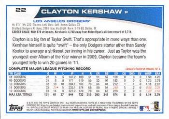 2013 Topps #22 Clayton Kershaw Back