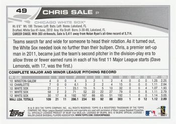 2013 Topps #49 Chris Sale Back