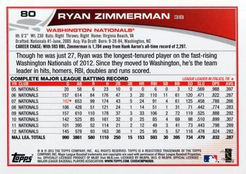 2013 Topps #80 Ryan Zimmerman Back